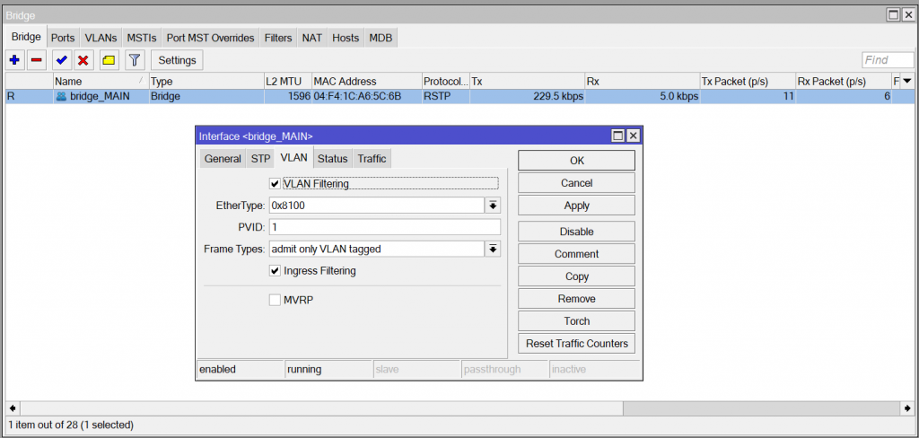 Создание интерфейса Bridge с включенным vlan-filtering в MikroTik
