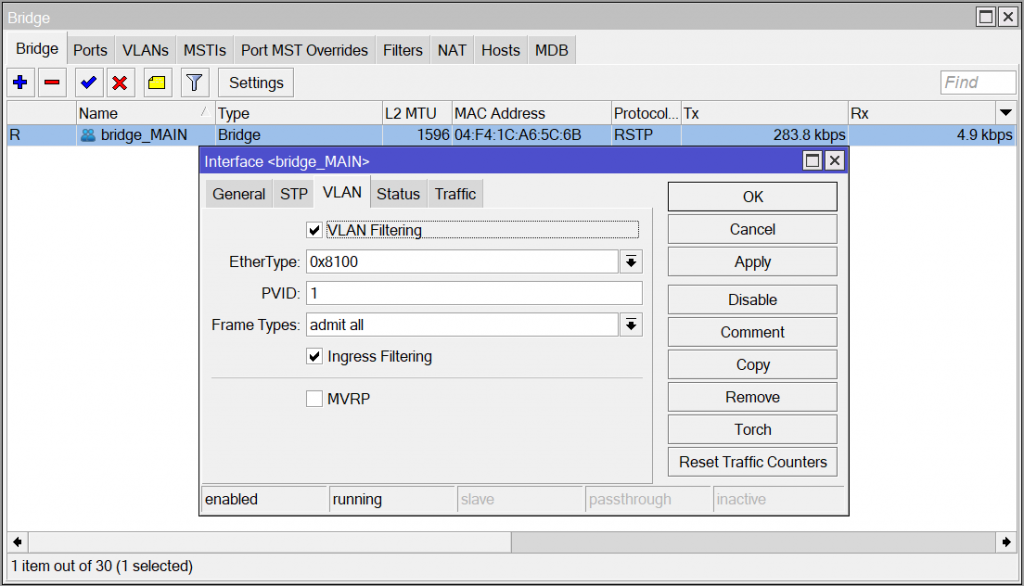 Создание интерфейса Bridge с включенным vlan-filtering в MikroTik